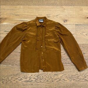 Mustard Brown Black Stripe Button-Down with Puff Sleeves